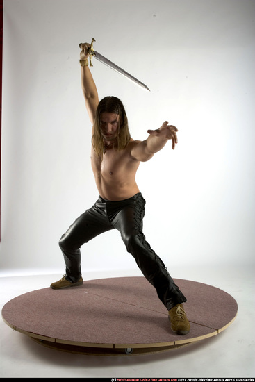 Man Adult Muscular White Fighting with sword Standing poses Pants