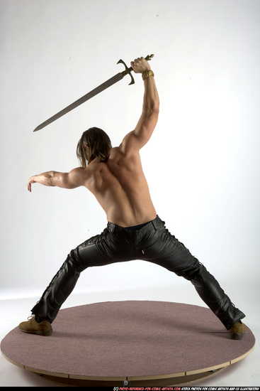 Man Adult Muscular White Fighting with sword Standing poses Pants