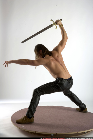 Man Adult Muscular White Fighting with sword Standing poses Pants