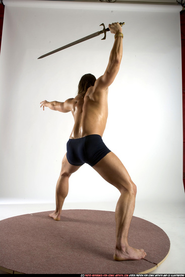 Man Adult Muscular White Fighting with sword Standing poses Underwear