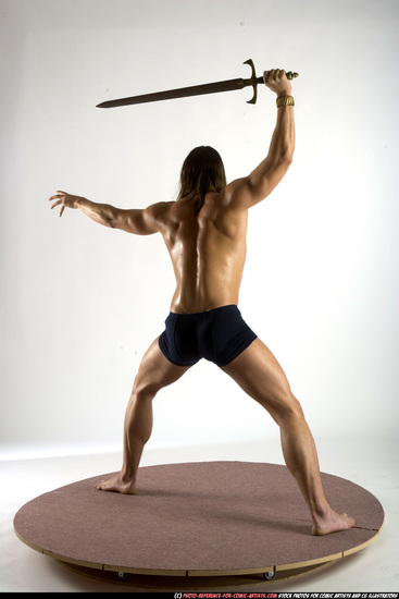 Man Adult Muscular White Fighting with sword Standing poses Underwear