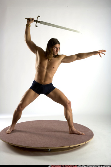 Man Adult Muscular White Fighting with sword Standing poses Underwear