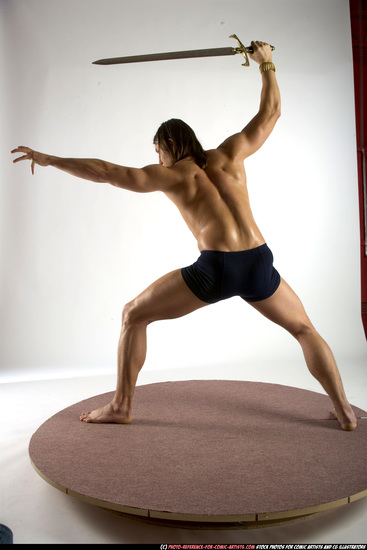 Man Adult Muscular White Fighting with sword Standing poses Underwear