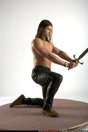 Man Adult Muscular White Fighting with sword Kneeling poses Pants