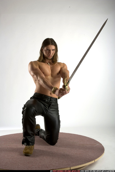Man Adult Muscular White Fighting with sword Kneeling poses Pants