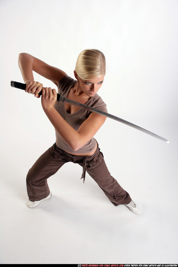 Woman Young Athletic White Fighting with sword Standing poses Sportswear