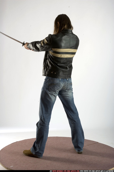 Man Adult Muscular White Fighting with sword Standing poses Sportswear