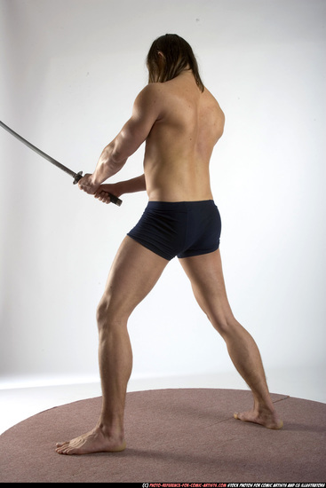 Man Adult Muscular White Fighting with sword Standing poses Underwear