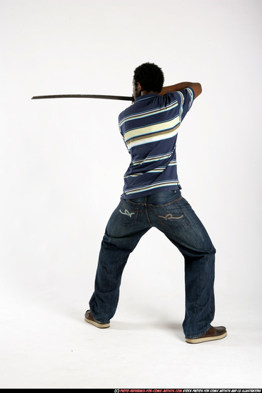 Man Adult Athletic Black Fighting with sword Standing poses Sportswear