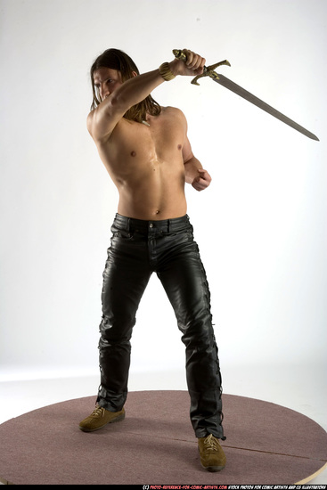 Man Adult Muscular White Fighting with sword Standing poses Pants