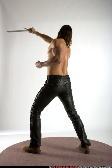 Man Adult Muscular White Fighting with sword Standing poses Pants