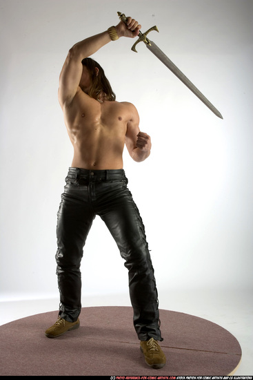 Man Adult Muscular White Fighting with sword Standing poses Pants