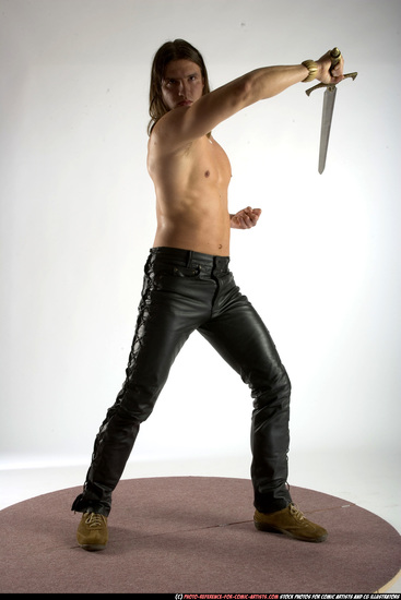 Man Adult Muscular White Fighting with sword Standing poses Pants