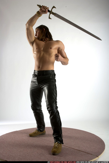 Man Adult Muscular White Fighting with sword Standing poses Pants