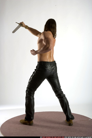 Man Adult Muscular White Fighting with sword Standing poses Pants