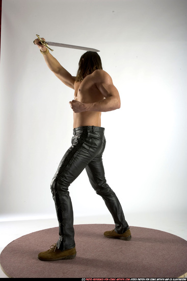 Man Adult Muscular White Fighting with sword Standing poses Pants