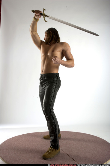 Man Adult Muscular White Fighting with sword Standing poses Pants