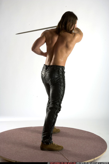 Man Adult Muscular White Fighting with sword Standing poses Pants