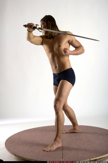 Man Adult Muscular White Fighting with sword Standing poses Underwear