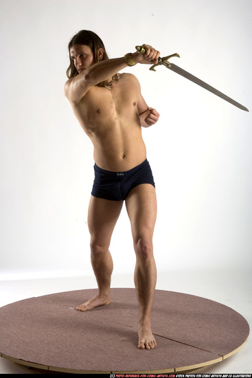 Man Adult Muscular White Fighting with sword Standing poses Underwear