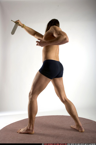 Man Adult Muscular White Fighting with sword Standing poses Underwear