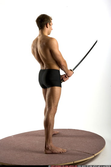 Man Adult Muscular White Fighting with sword Standing poses Underwear