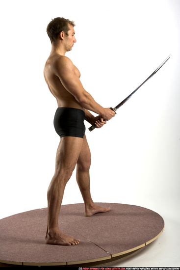 Man Adult Muscular White Fighting with sword Standing poses Underwear