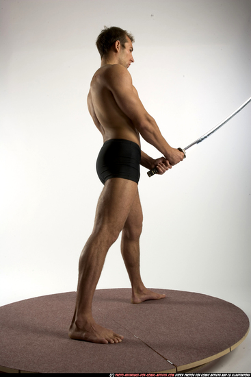 Man Adult Muscular White Fighting with sword Standing poses Underwear