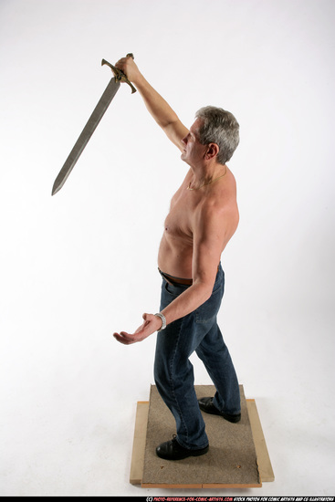 Man Old Chubby White Fighting with sword Standing poses Pants