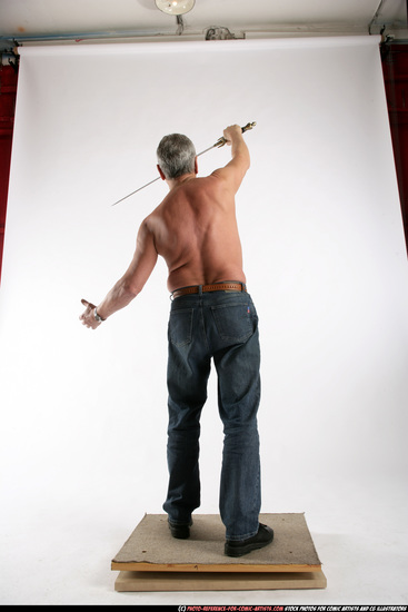 Man Old Chubby White Fighting with sword Standing poses Pants