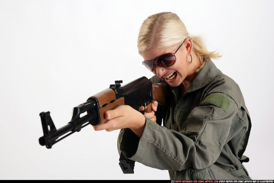 Woman Adult Athletic White Fighting with submachine gun Detailed photos Army