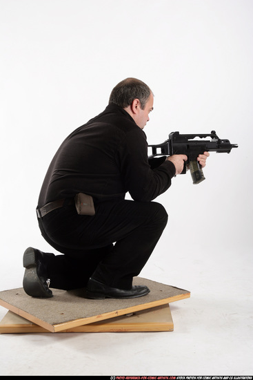 Man Old Chubby White Fighting with submachine gun Kneeling poses Casual