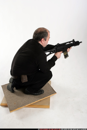 Man Old Chubby White Fighting with submachine gun Kneeling poses Casual