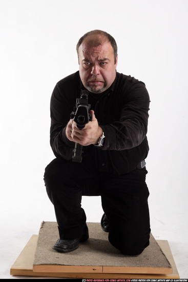 Man Old Chubby White Fighting with submachine gun Kneeling poses Casual