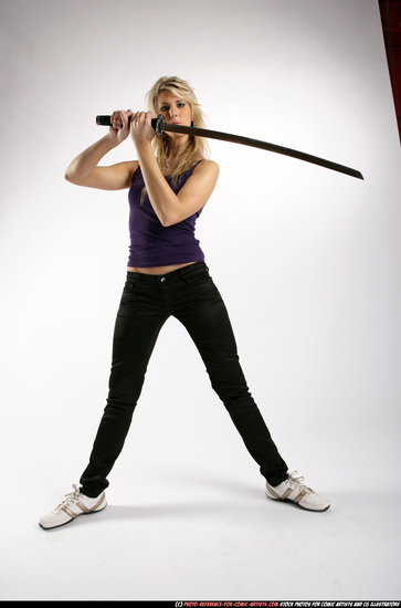 Woman Adult Athletic White Fighting with sword Standing poses Sportswear