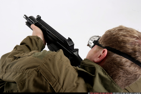 Man Adult Average White Fighting with submachine gun Laying poses Army