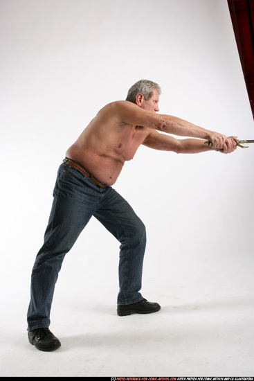 Man Old Chubby White Fighting with sword Standing poses Pants