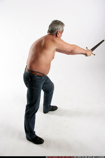 Man Old Chubby White Fighting with sword Standing poses Pants