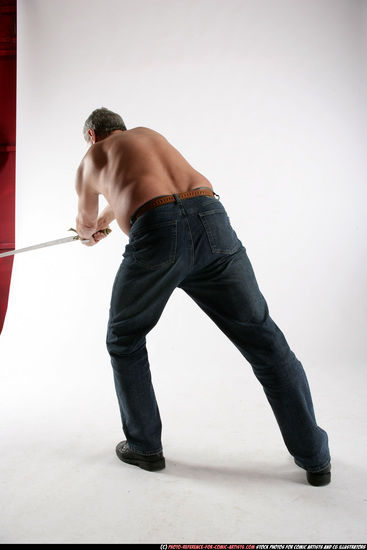 Man Old Chubby White Fighting with sword Standing poses Pants