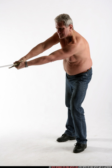 Man Old Chubby White Fighting with sword Standing poses Pants