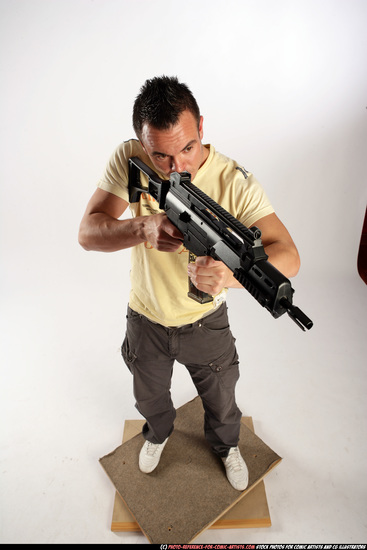 Man Adult Athletic White Fighting with submachine gun Standing poses Sportswear