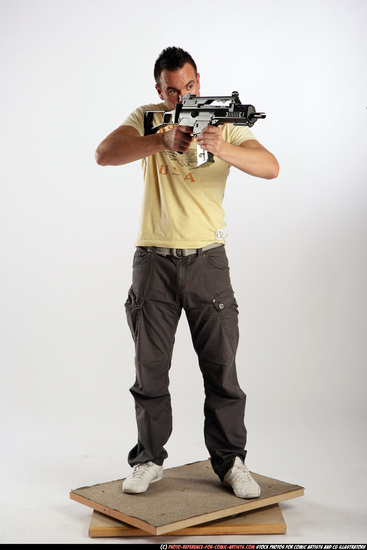 Man Adult Athletic White Fighting with submachine gun Standing poses Sportswear