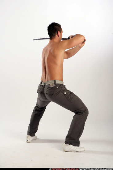 Man Adult Athletic White Fighting with sword Standing poses Pants