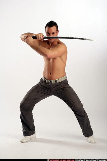 Man Adult Athletic White Fighting with sword Standing poses Pants