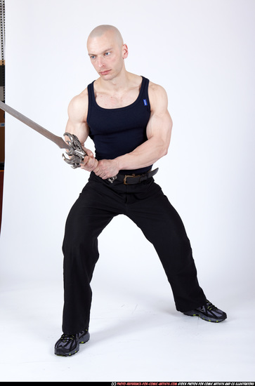 Man Adult Muscular White Fighting with sword Standing poses Sportswear