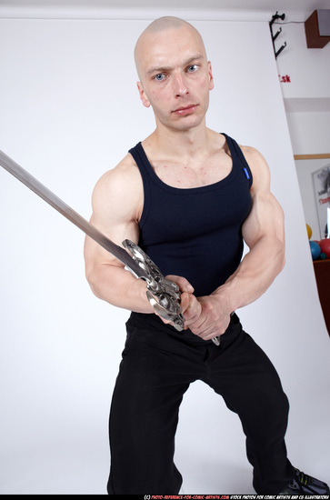 Man Adult Muscular White Fighting with sword Standing poses Sportswear