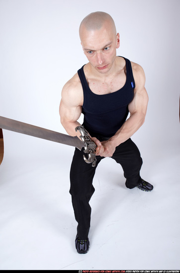 Man Adult Muscular White Fighting with sword Standing poses Sportswear