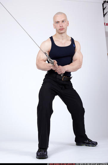 Man Adult Muscular White Fighting with sword Standing poses Sportswear