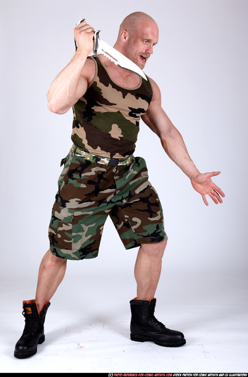 Man Adult Muscular White Fighting with knife Sitting poses Army