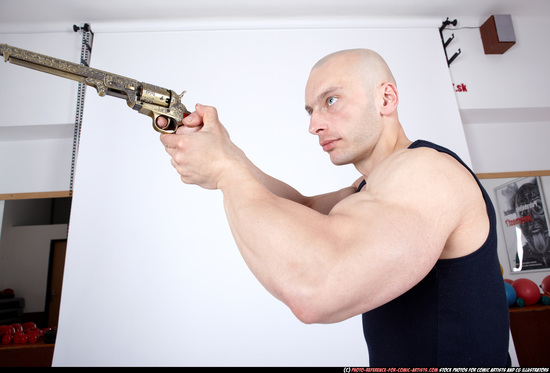 Man Adult Muscular White Fighting with gun Standing poses Sportswear